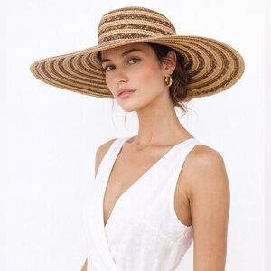 JENNIFER MOORE Wide Brim Italian Straw Sun Hat Brown Tan Boho Coastal Chic